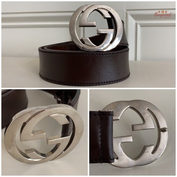 Authentic Gucci Brown Calfskin Leather Silver Interlocking G Buckle Belt 85/34 - Picture 2 of 13
